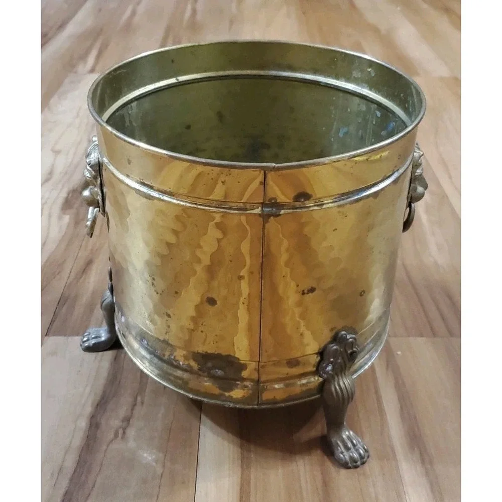 Brass Lion Head Hammered Claw Footed Planter Fireplace Bucket Pot Tub Bin 8.25